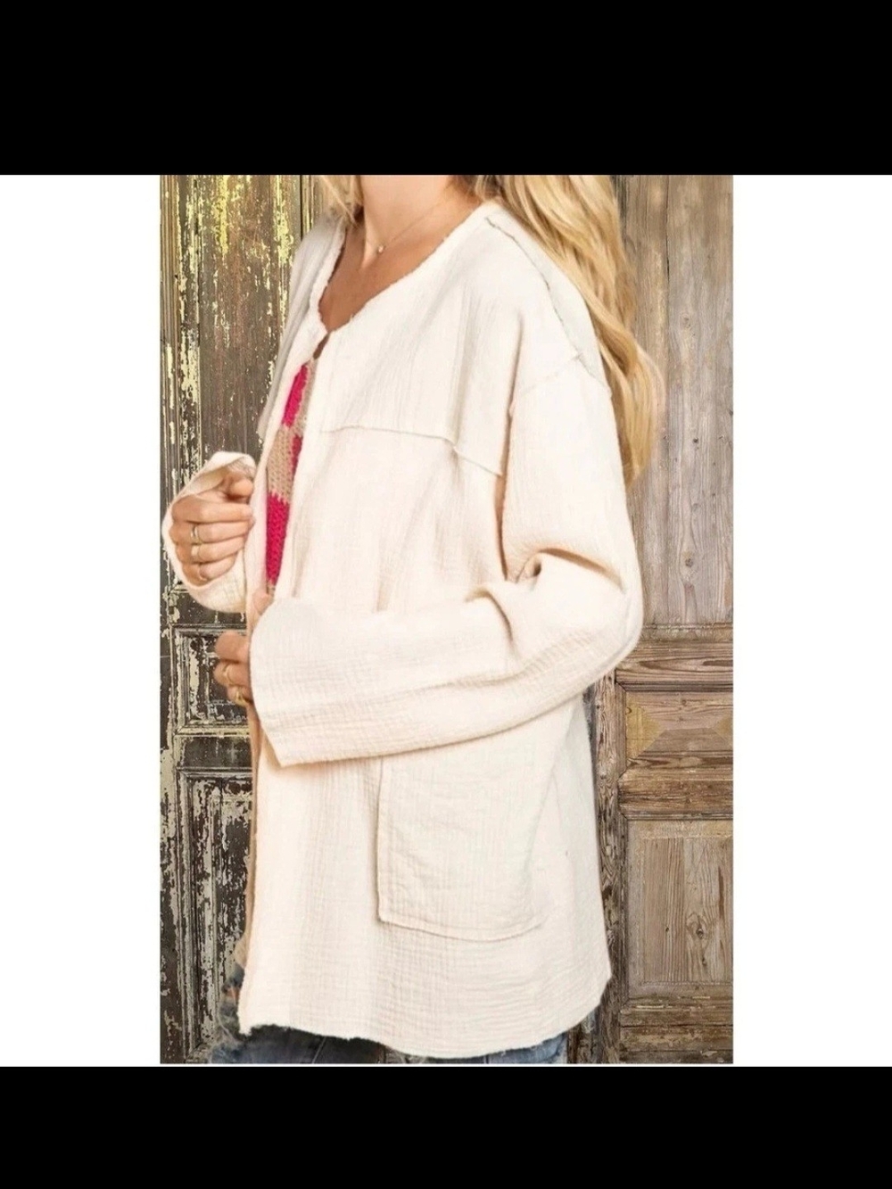 POL Clothing double Cotton gauze crinkled cardigan jacket Boho CottageCore Lg